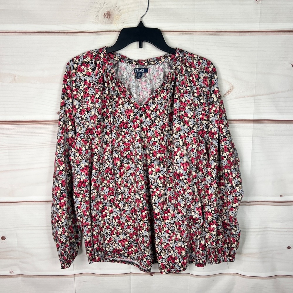 Chaps Top Womens Large Multicolor Floral Blouse Cotton Modal Knit Tie Neck Boho